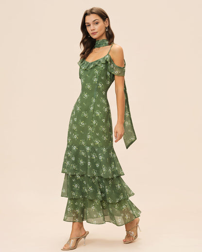 Green V Neck Ruffle Floral Maxi Dress