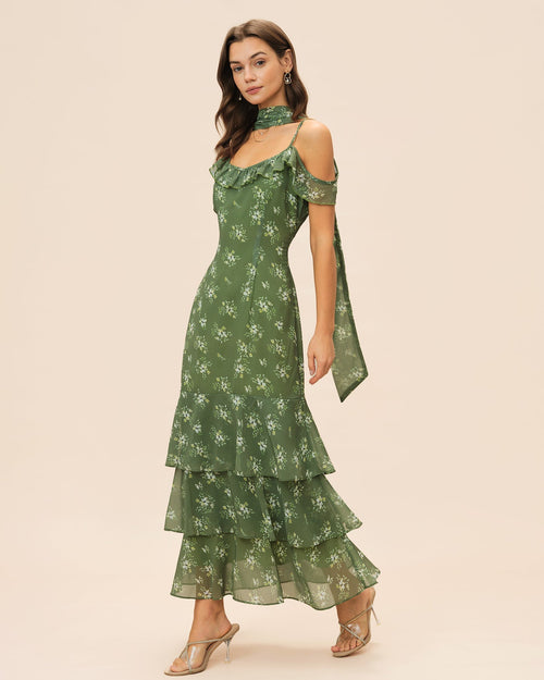 Green V Neck Ruffle Floral Maxi Dress