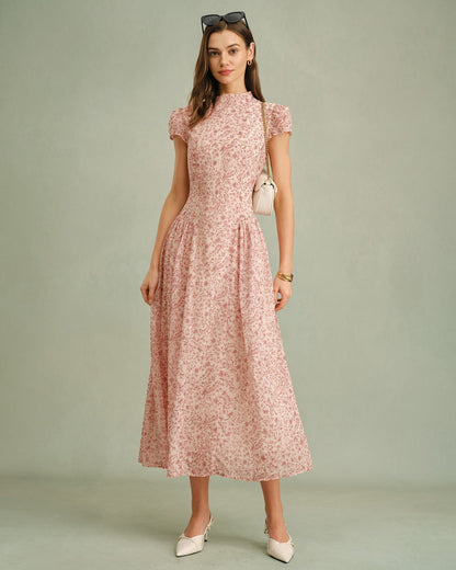 Pink Mock Neck Floral Maxi Dress