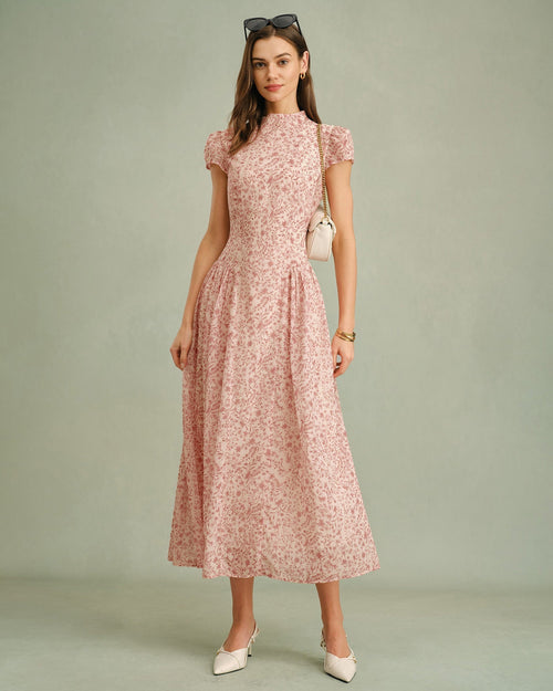 Pink Mock Neck Floral Maxi Dress