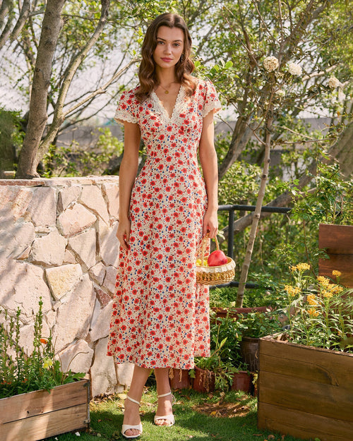 Red V Neck Lace Floral Maxi Dress