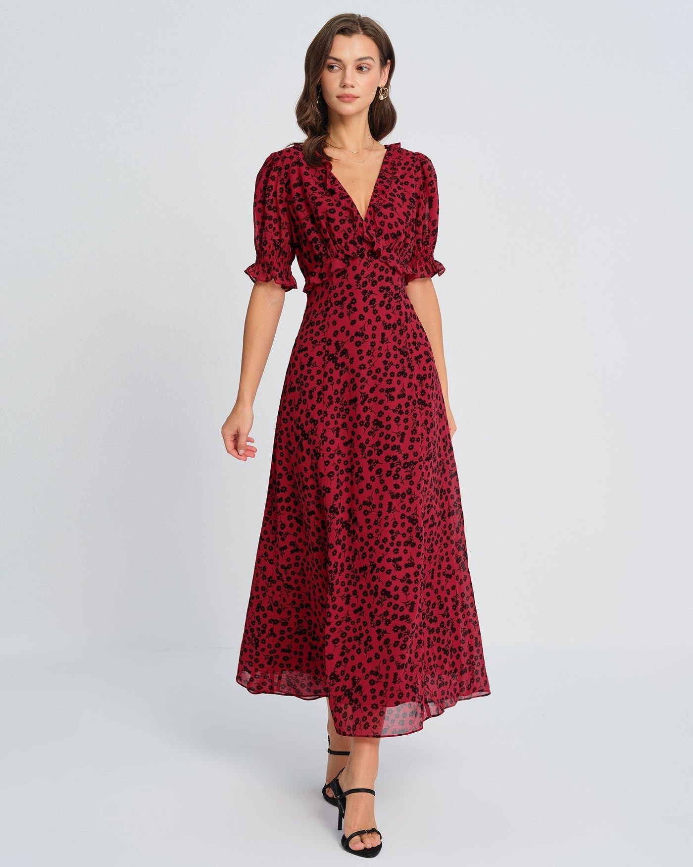 Red V Neck Floral Maxi Dress