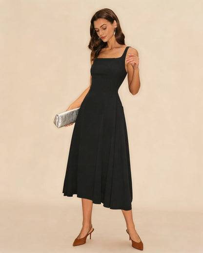 Black Solid Zipper Slip Midi Dress