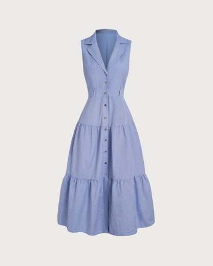 Blue V Neck Button Midi Dress