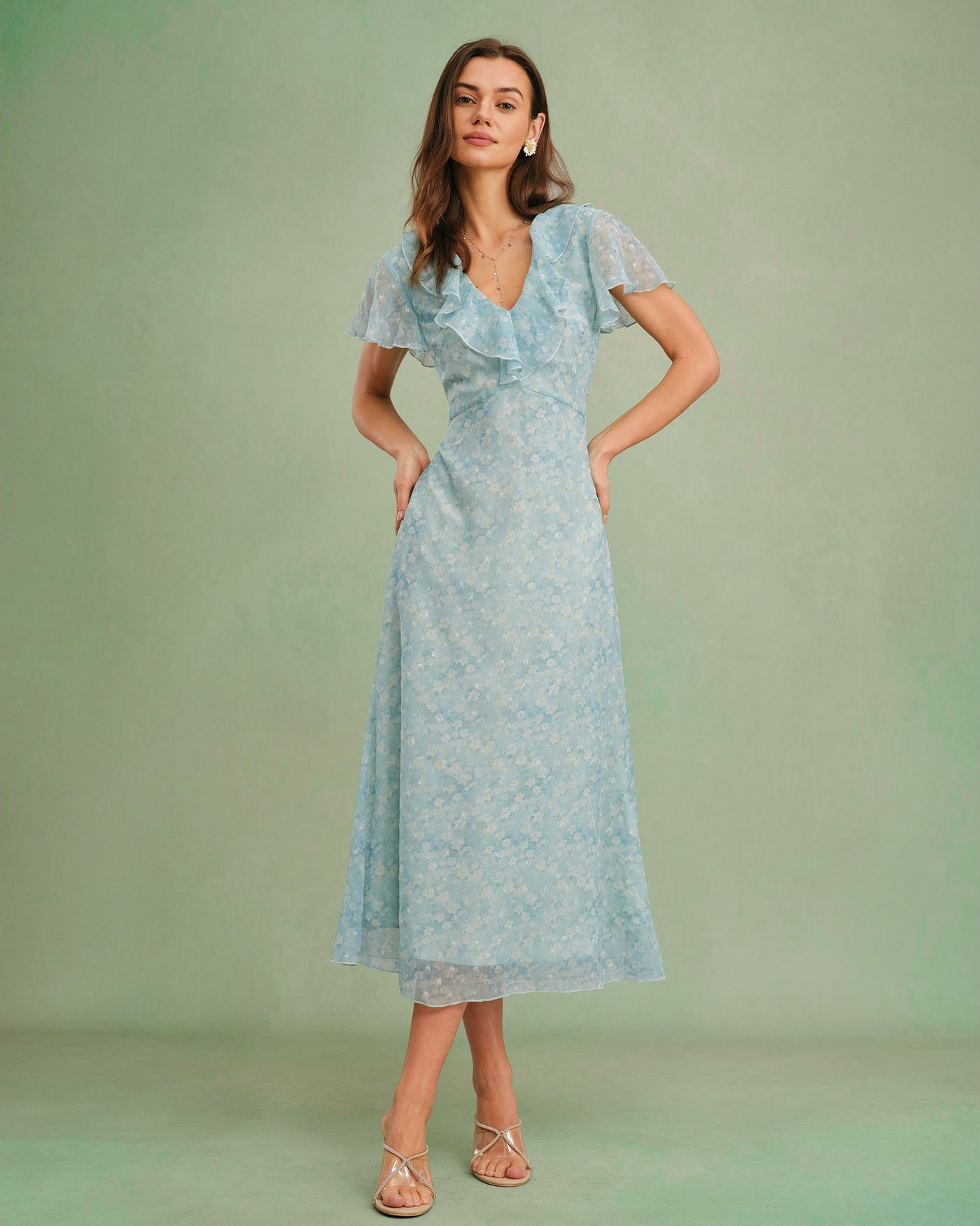Blue V Neck Floral Ruffle Midi Dress