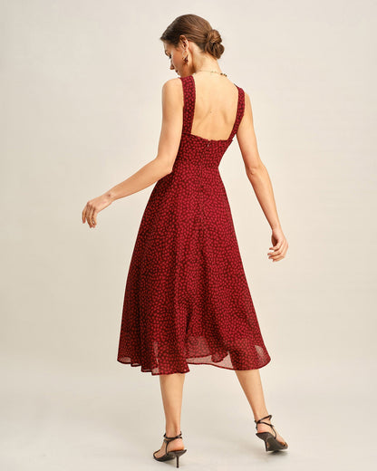 Red Sweetheart Neck Floral Midi Dress