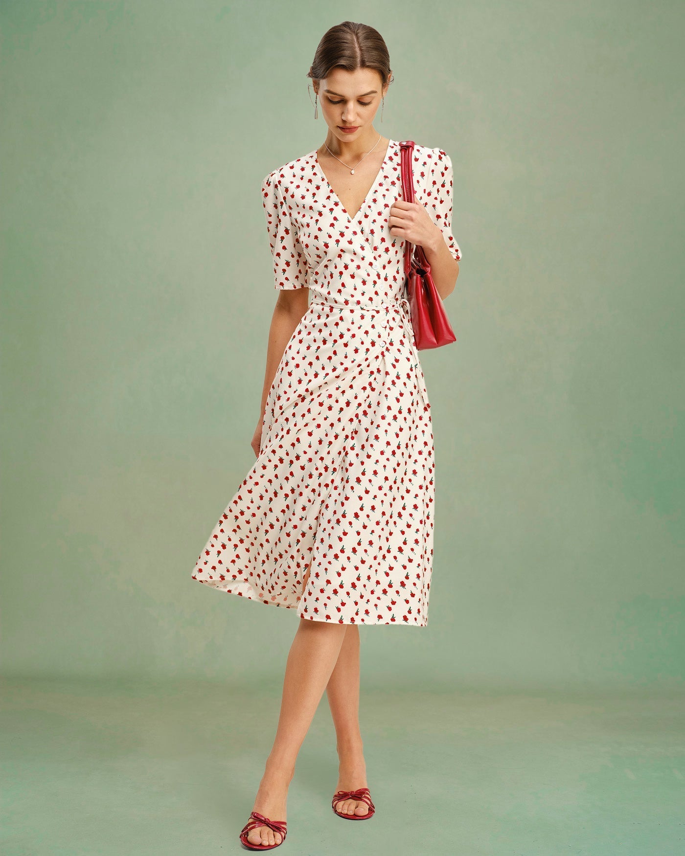 Apricot Floral V Neck Midi Dress