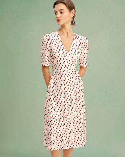 Apricot Floral V Neck Midi Dress
