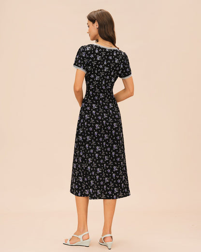 Black V Neck Lace Floral Midi Dress