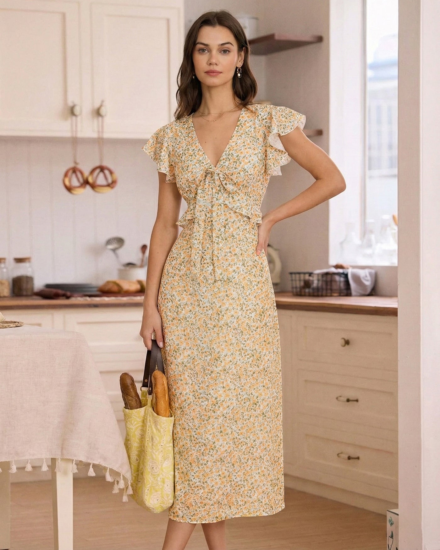 Yellow V Neck Floral Ruffle Midi Dress
