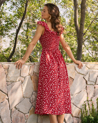 Red Square Neck Floral Midi Dress