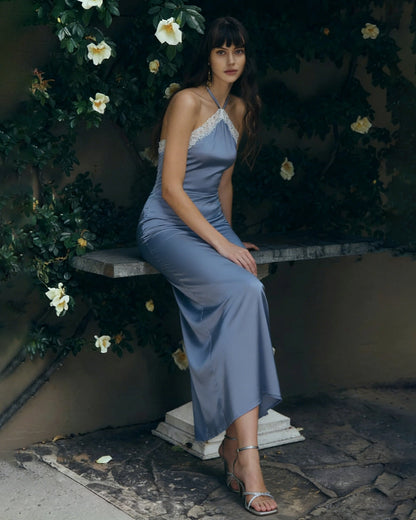 Blue Halter Slip Midi Dress
