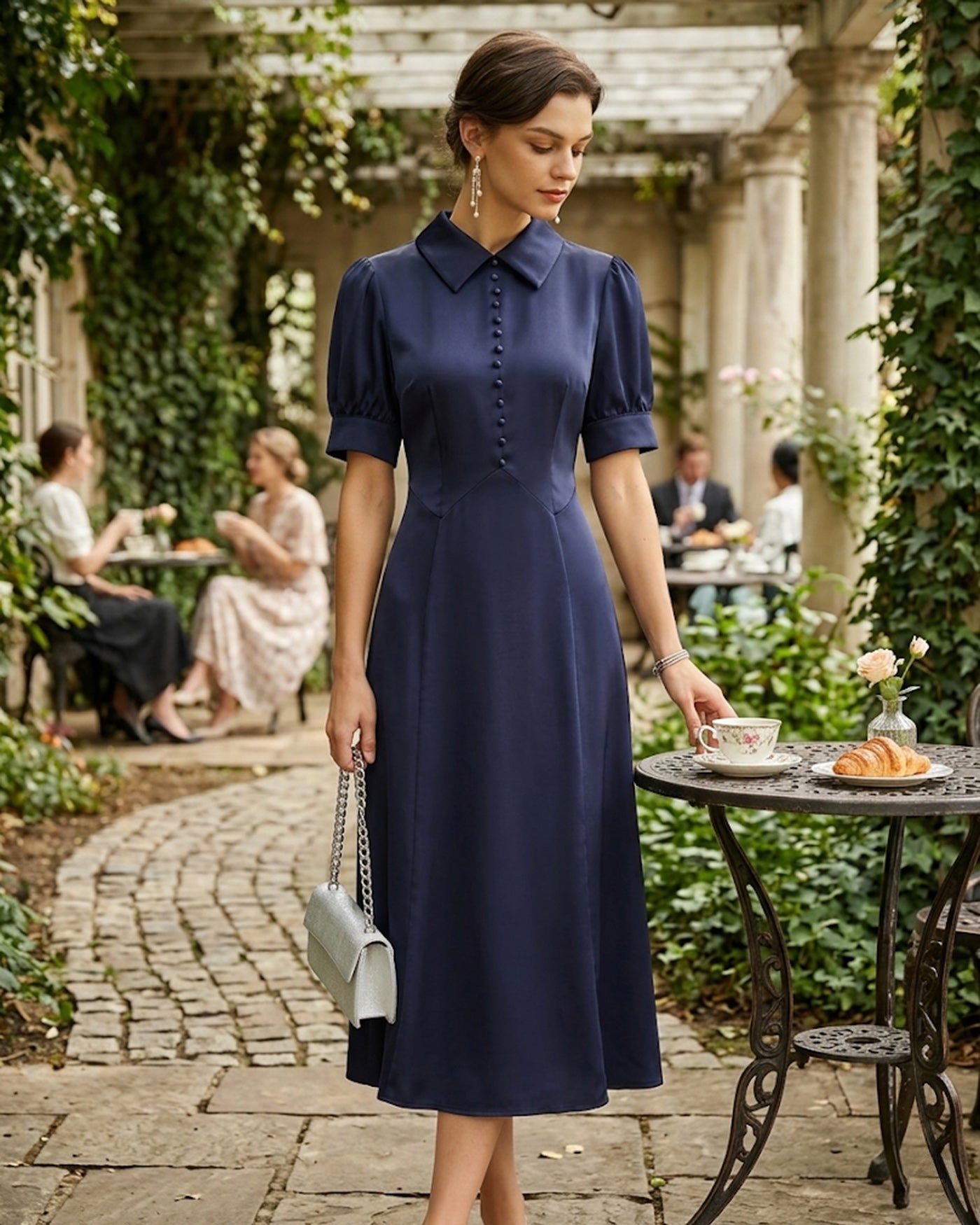 Navy Collar Puffed Sleeve Satin Midi Dress