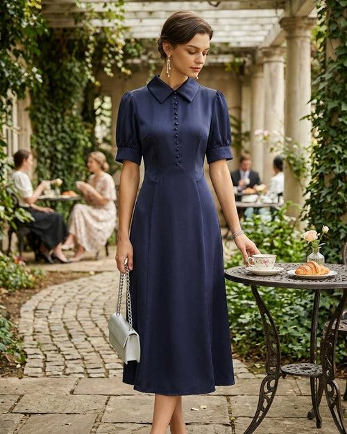 Navy Collar Puffed Sleeve Satin Midi Dress