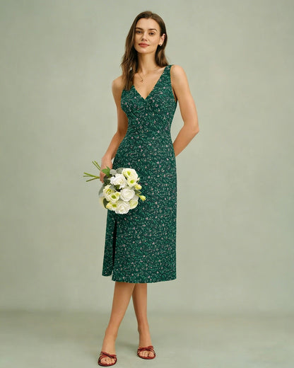 Green V Neck Floral Midi Dress