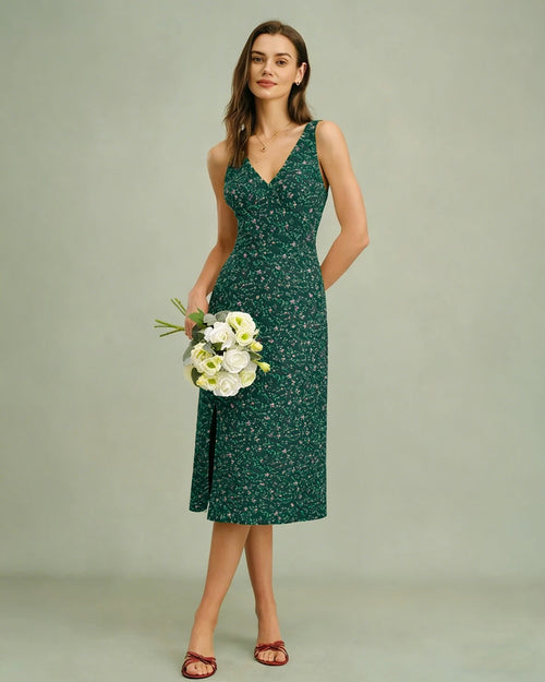 Green V Neck Floral Midi Dress