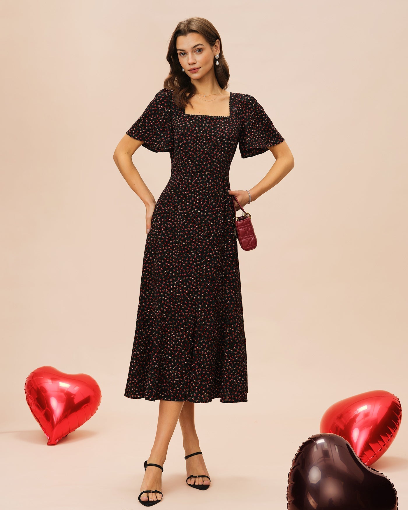 Black Square Neck Butterfly Sleeve Floral Midi Dress