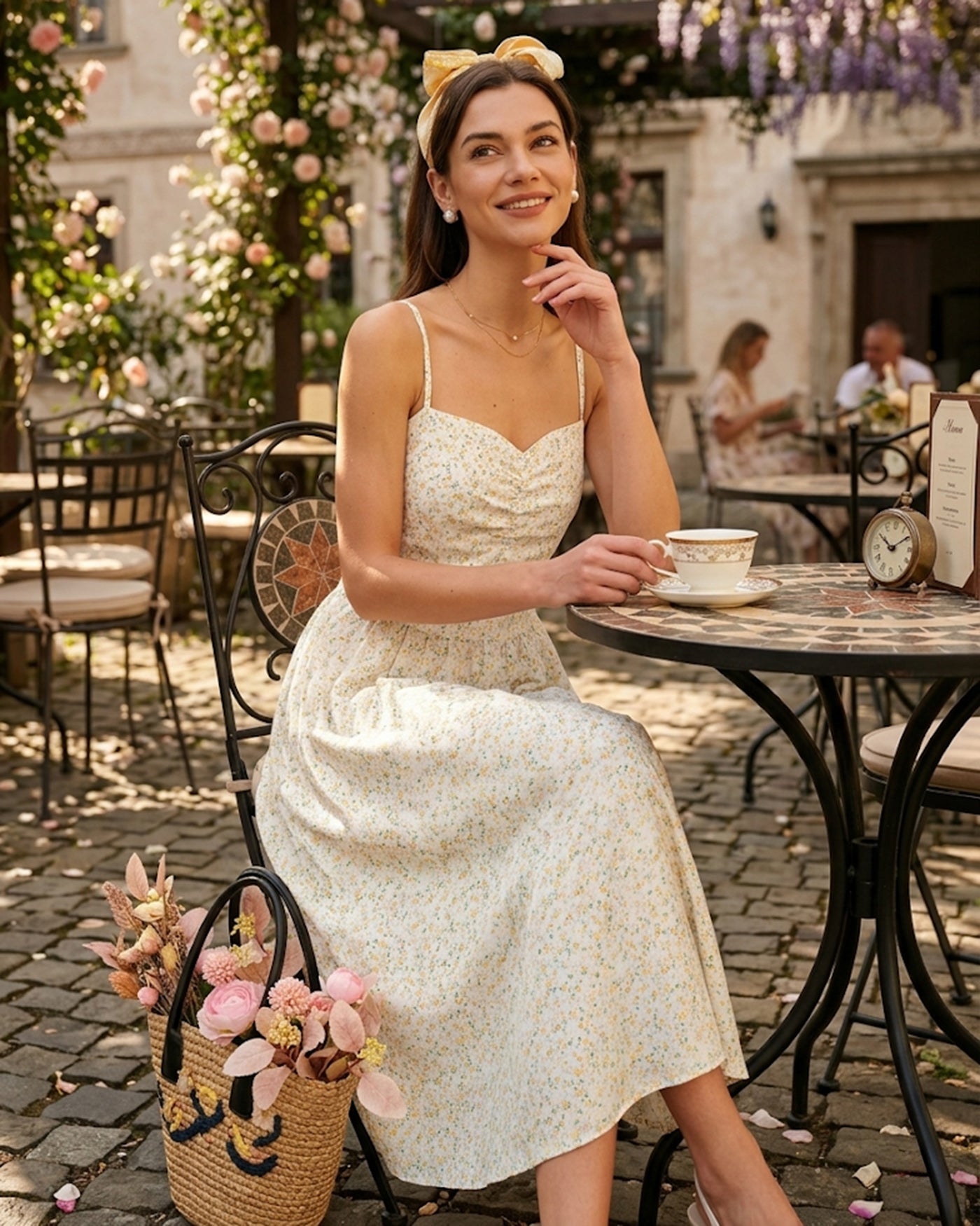 Yellow Sweetheart Neck Floral Slip Midi Dress