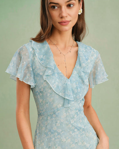 Blue V Neck Floral Ruffle Midi Dress