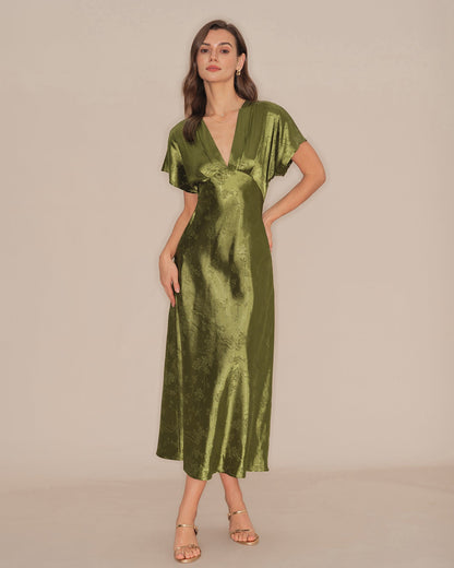 Green V Neck Pleated Floral Midi Dress