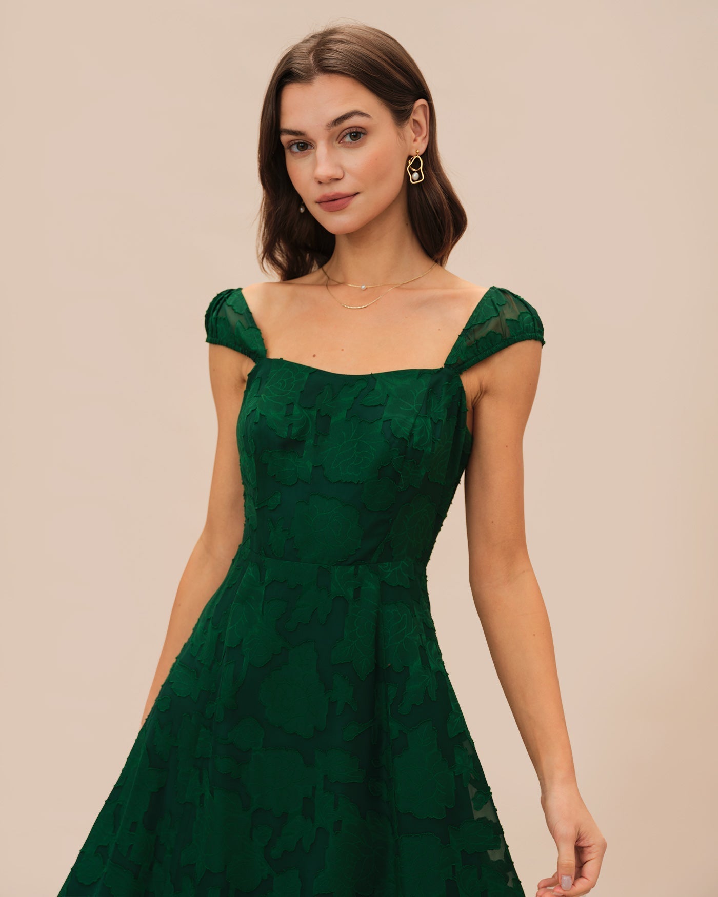 Green Jacquard Cap Sleeve Midi Dress