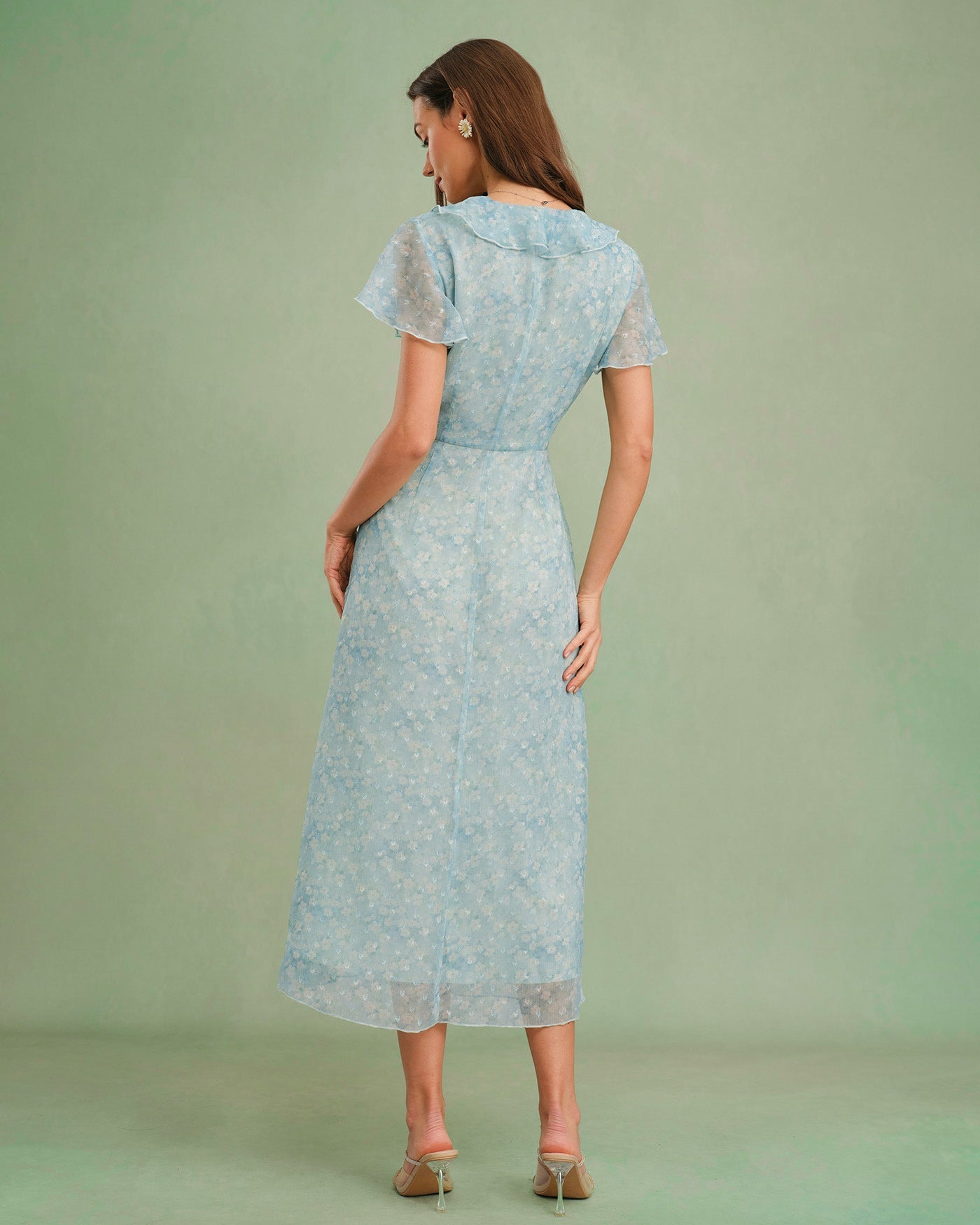 Blue V Neck Floral Ruffle Midi Dress