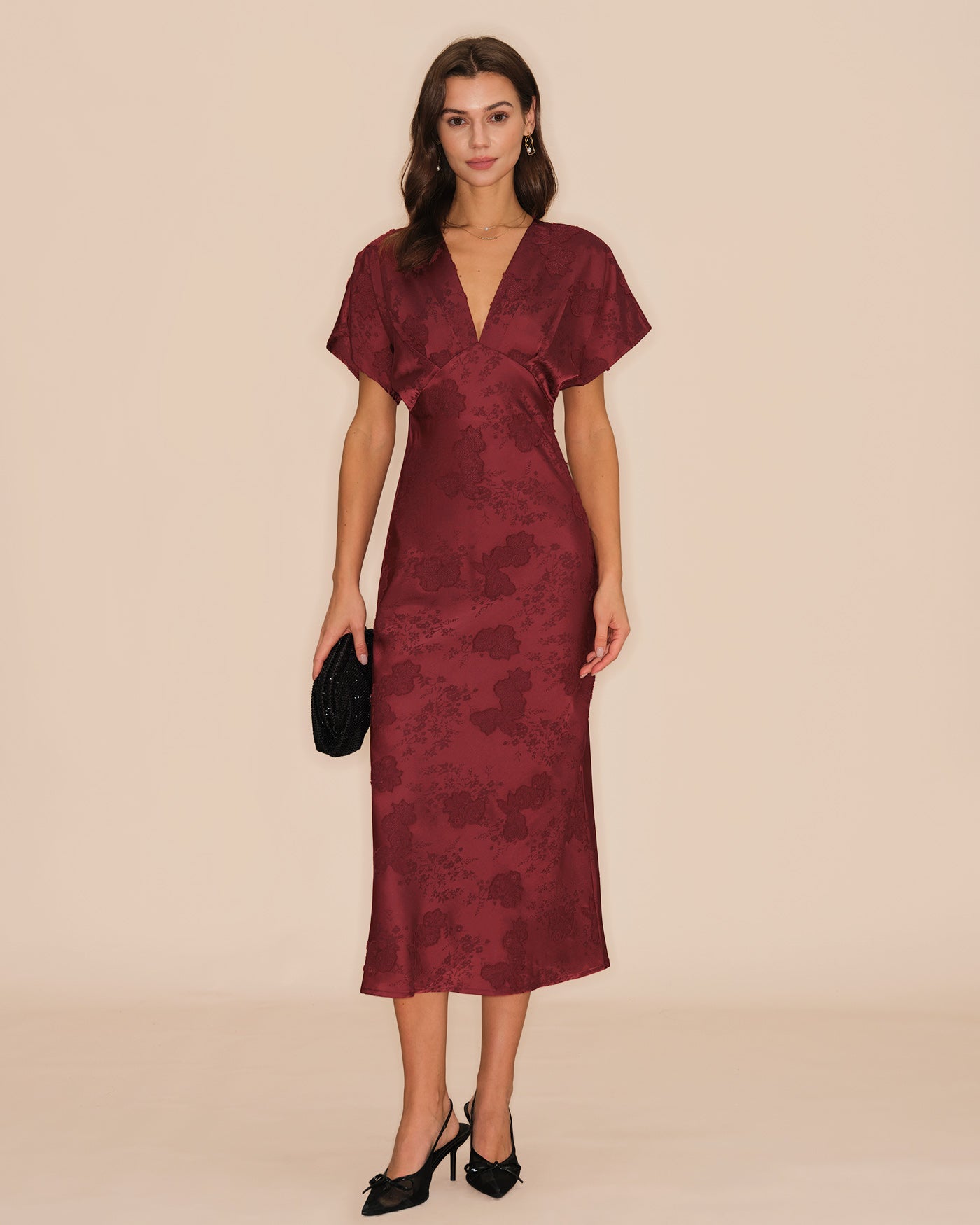 Wine Red V Neck Jacquard Midi Dress