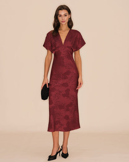 Wine Red V Neck Jacquard Midi Dress