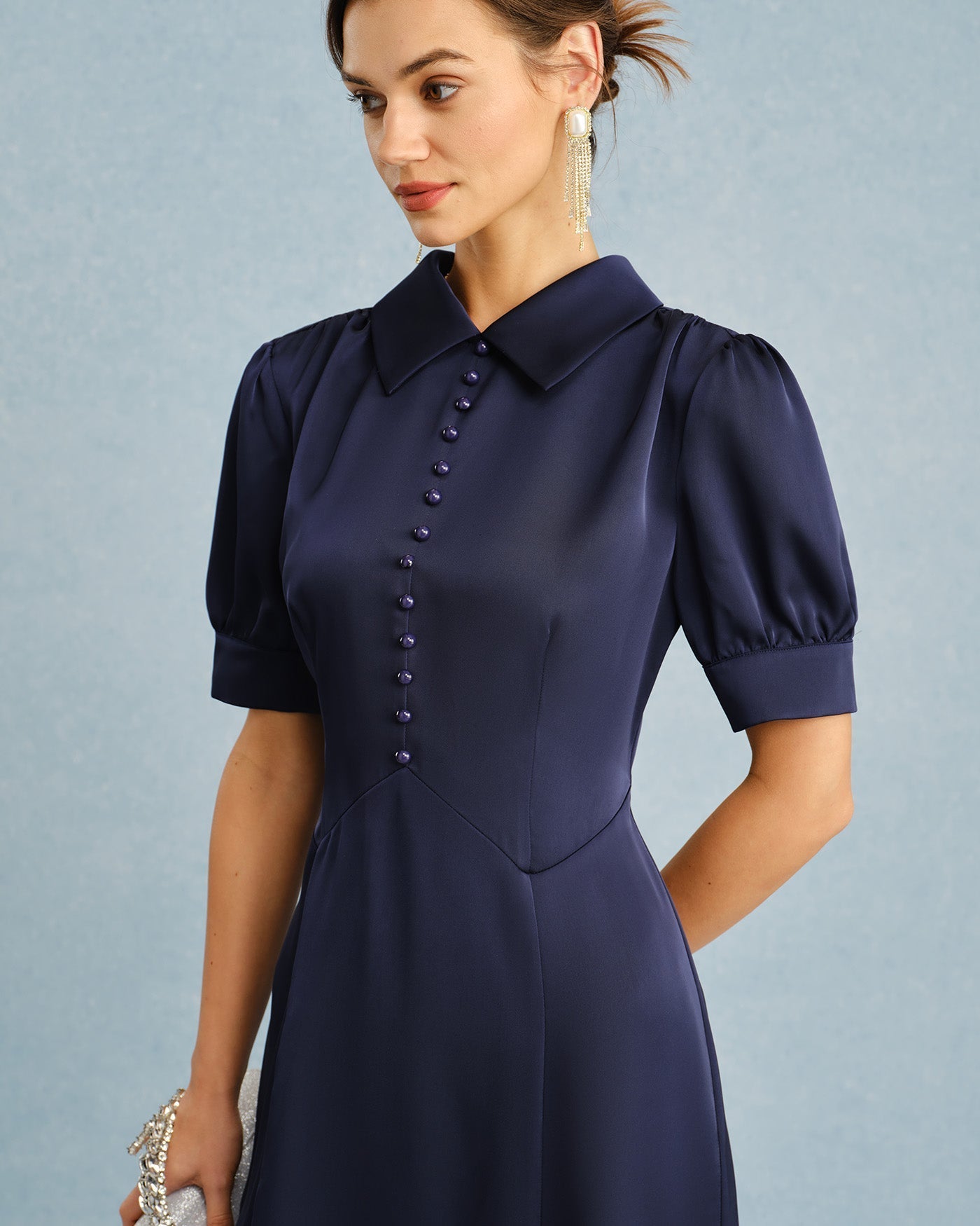 Navy Collar Puffed Sleeve Satin Midi Dress