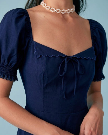 Navy V Neck Puffed Sleeve Midi Dress