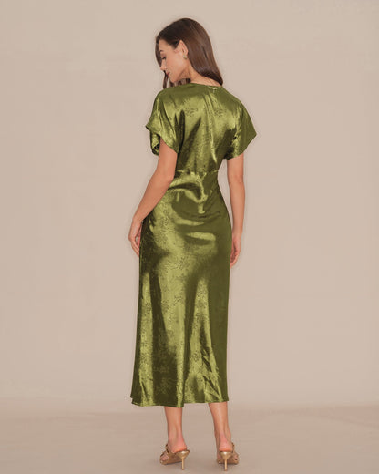 Green V Neck Pleated Floral Midi Dress