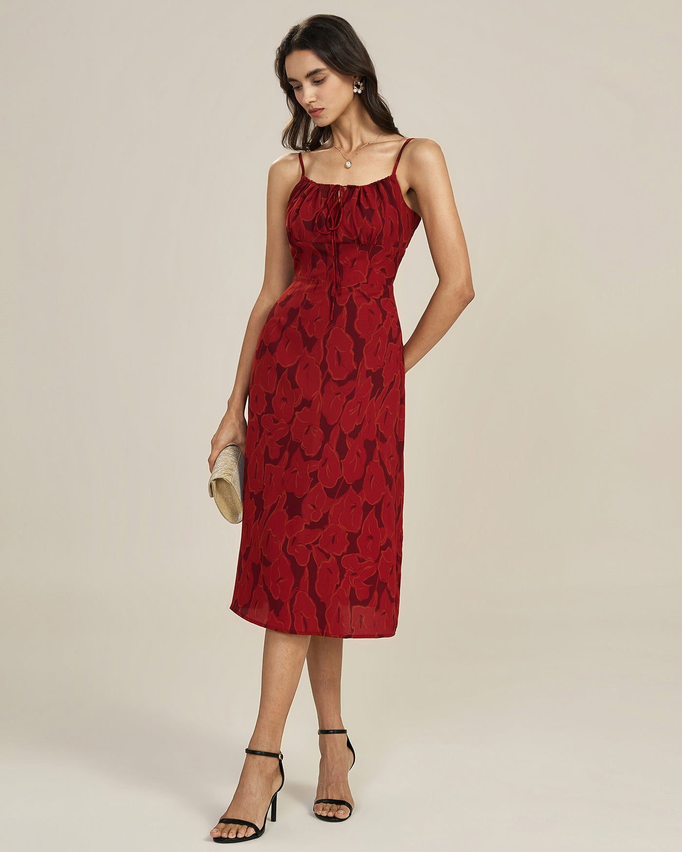 Red Shirred Floral Slip Midi Dress