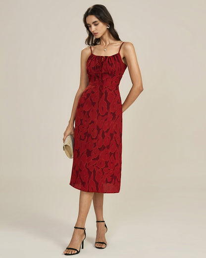 Red Shirred Floral Slip Midi Dress