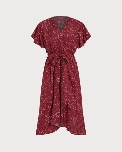 Red Butterfly Sleeve Polka Dot Midi Dress