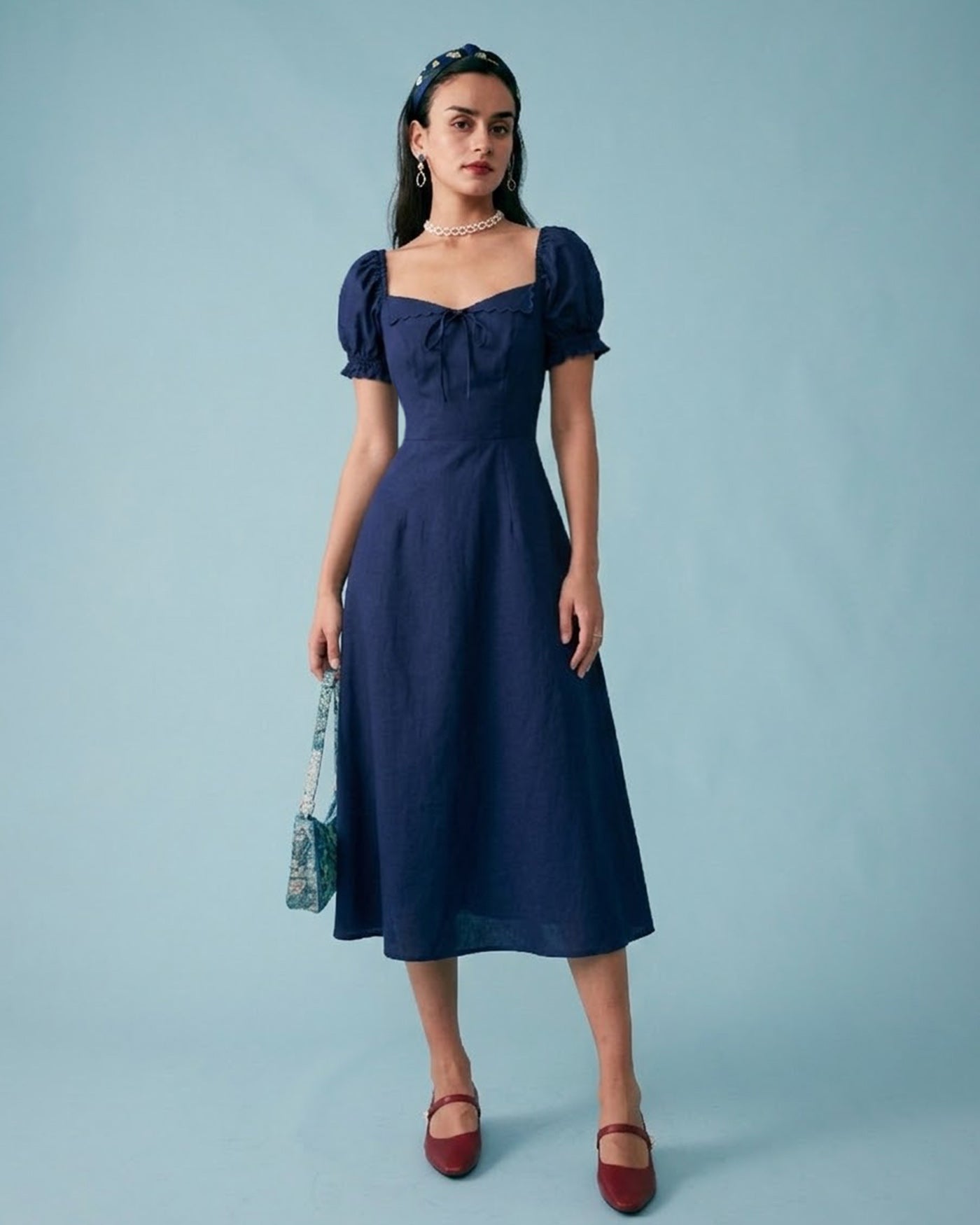 Navy V Neck Puffed Sleeve Midi Dress
