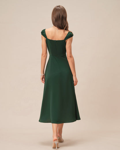 Green Square Neck Cap Sleeve Midi Dress