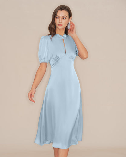 Blue Puffed Sleeve Backless Satin Midi Dress