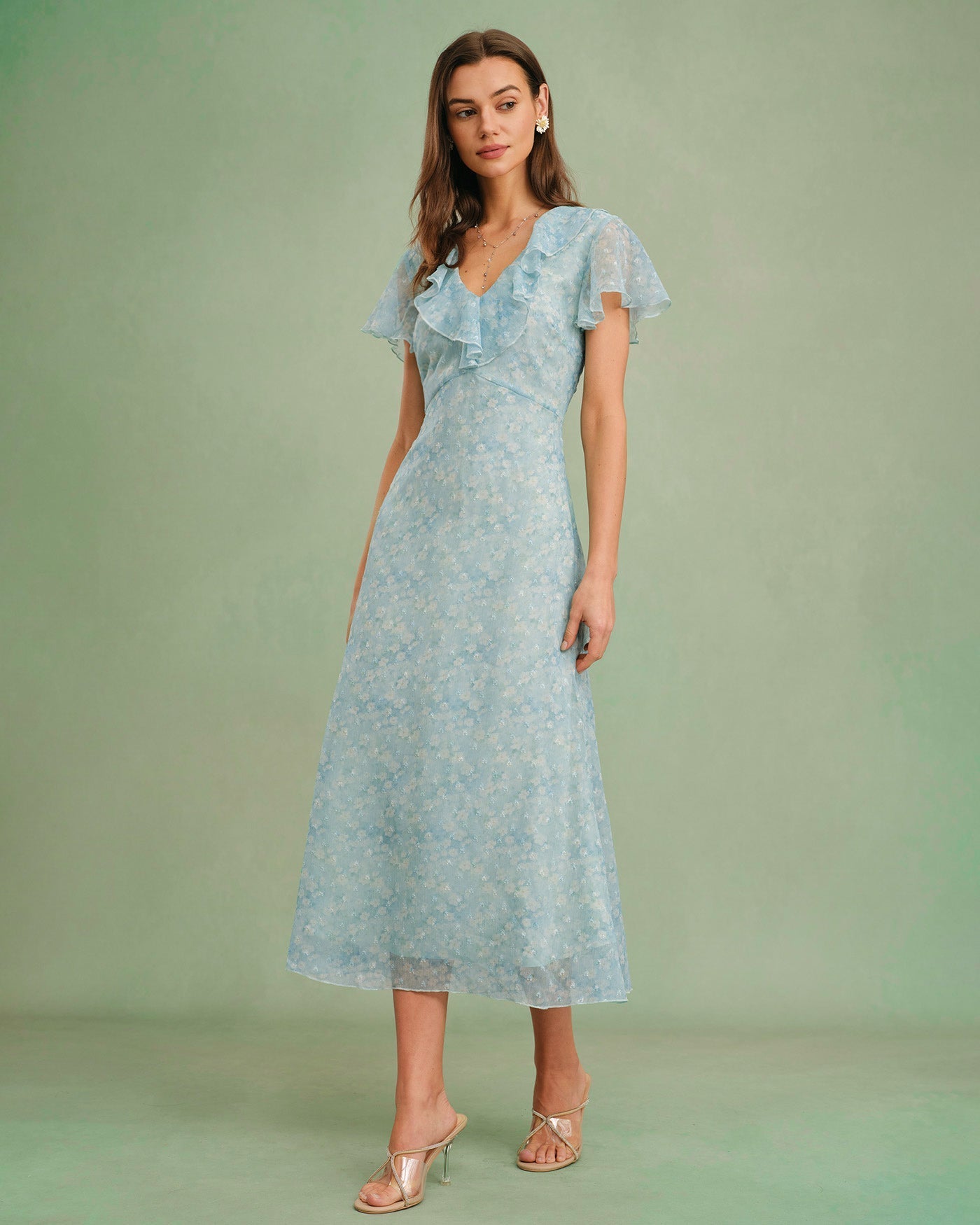 Blue V Neck Floral Ruffle Midi Dress