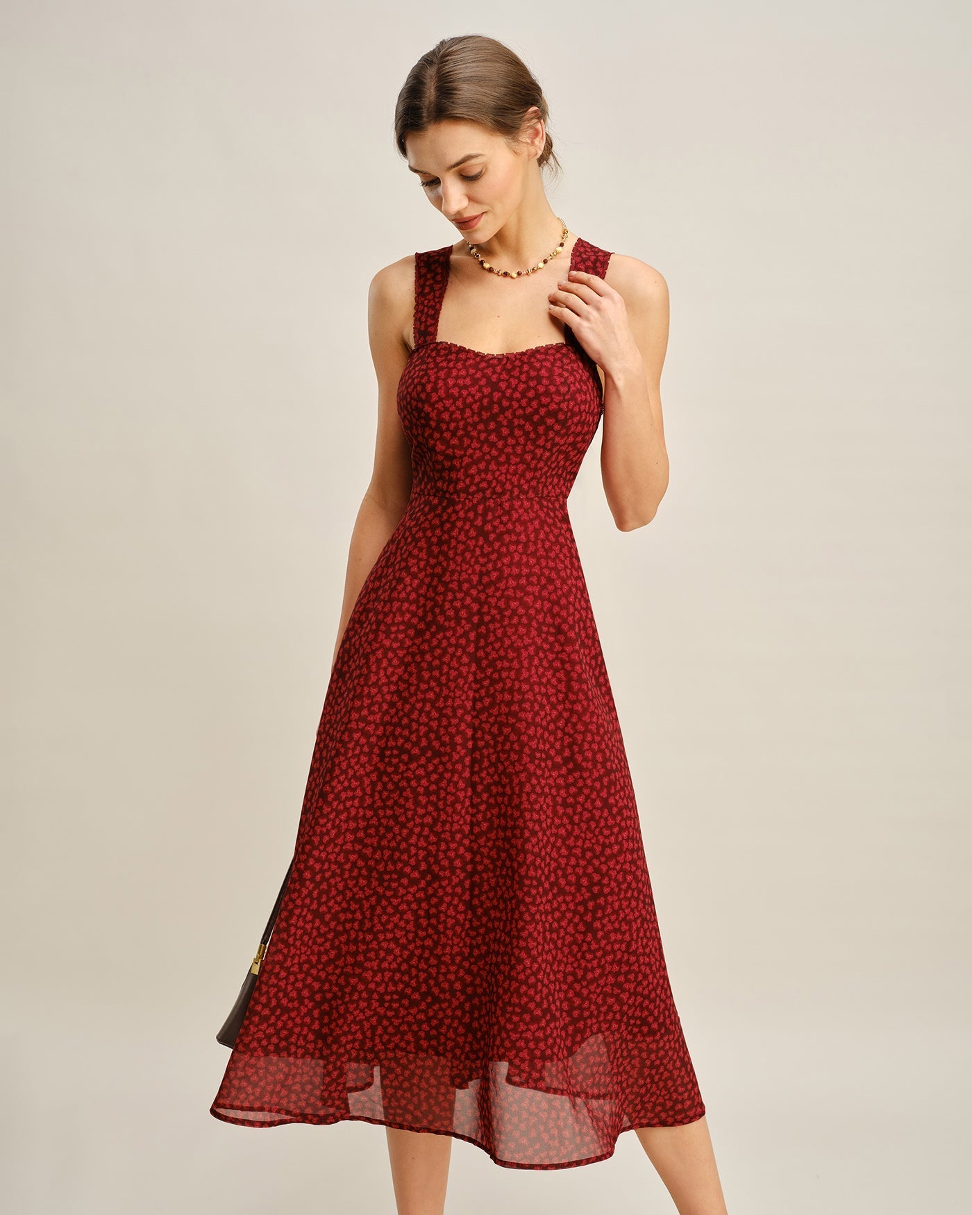 Red Sweetheart Neck Floral Midi Dress