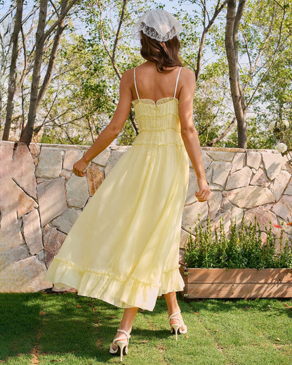 Yellow Sweetheart Neck Ruffle Midi Dress