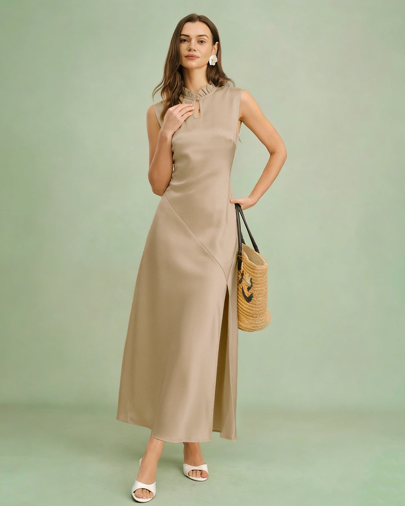 Apricot Ruffled Midi Dress