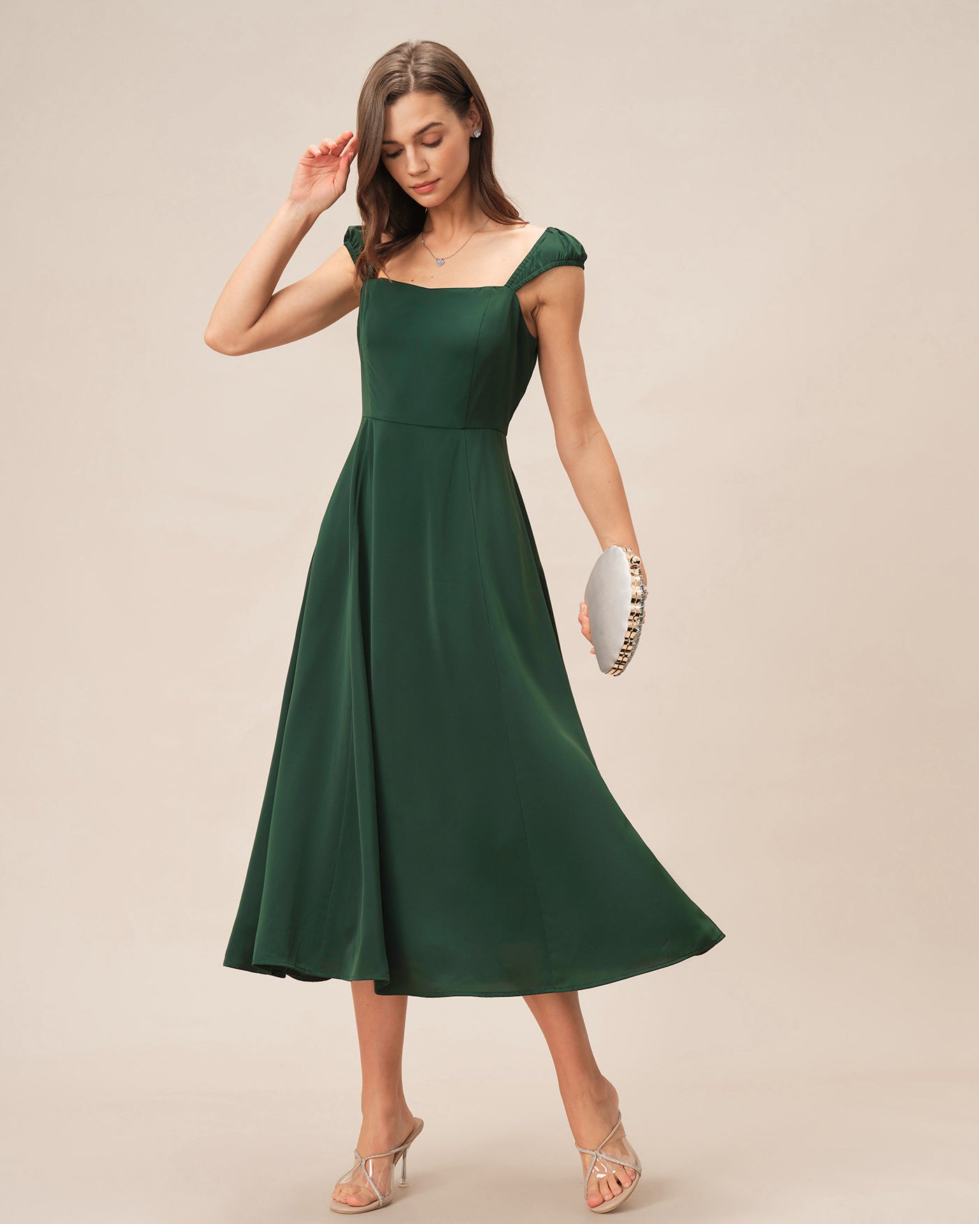 Green Square Neck Cap Sleeve Midi Dress