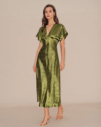 Green V Neck Pleated Floral Midi Dress