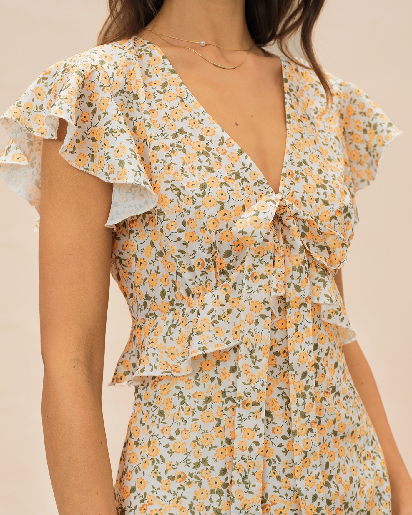 Yellow V Neck Floral Ruffle Midi Dress