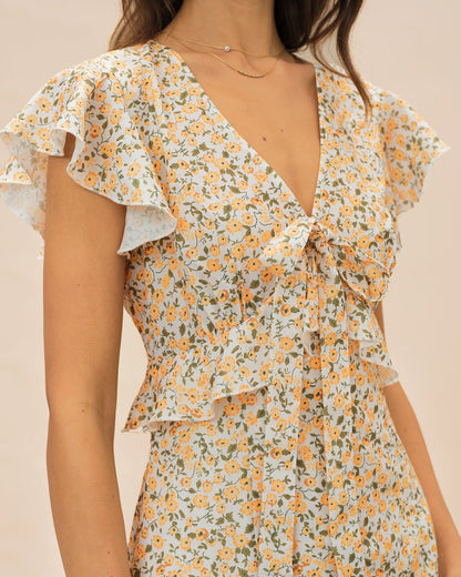 Yellow V Neck Floral Ruffle Midi Dress