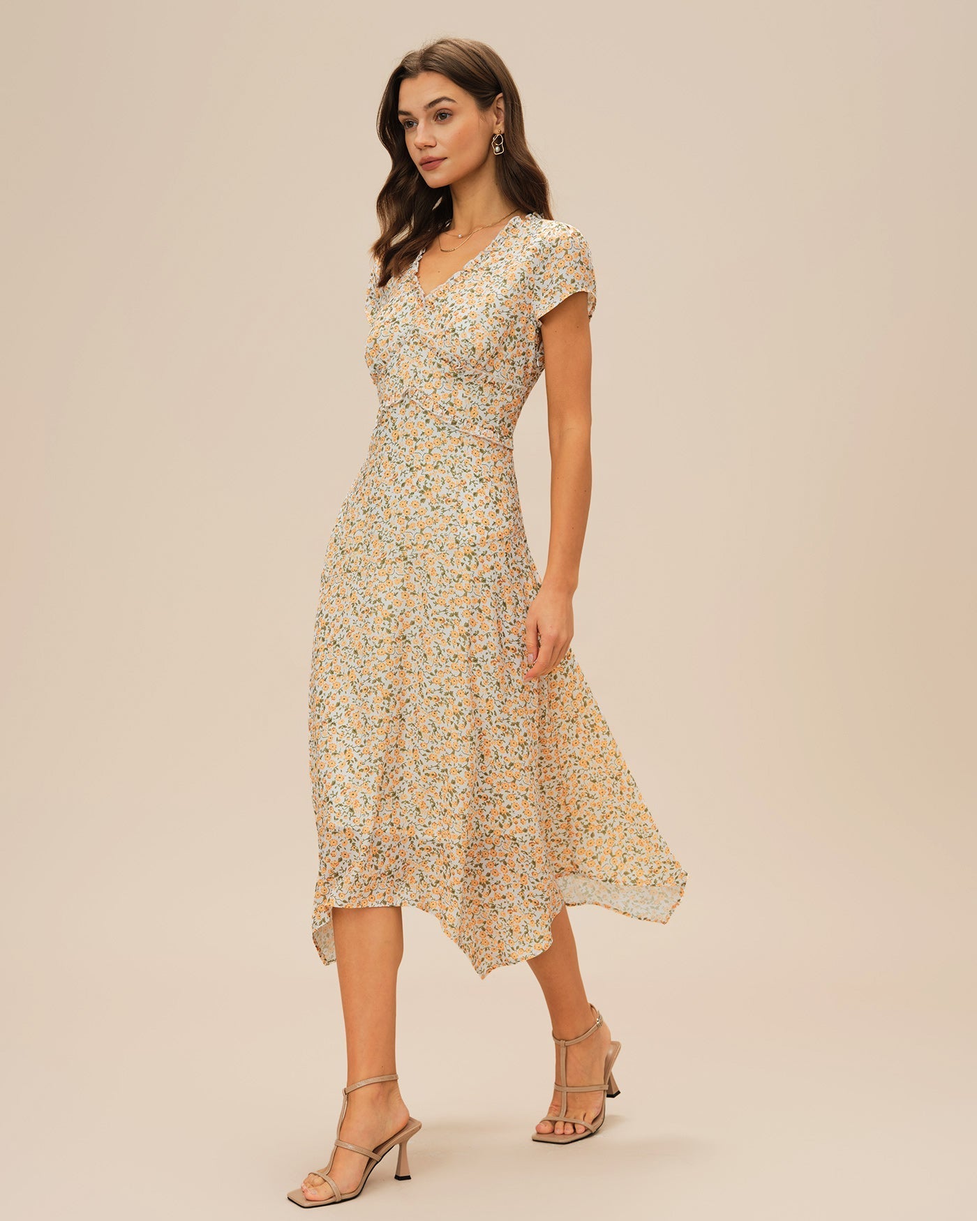 Yellow V Neck Floral Midi Dress