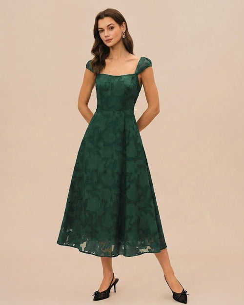 Green Jacquard Cap Sleeve Midi Dress