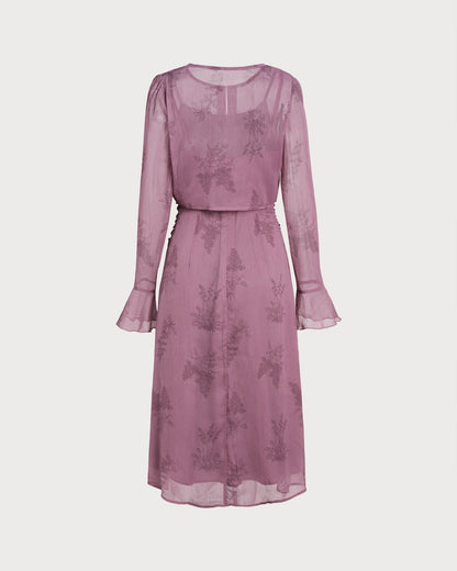 Purple Floral Ruched Slip Midi Dress