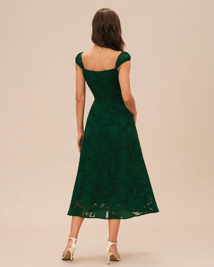 Green Jacquard Cap Sleeve Midi Dress