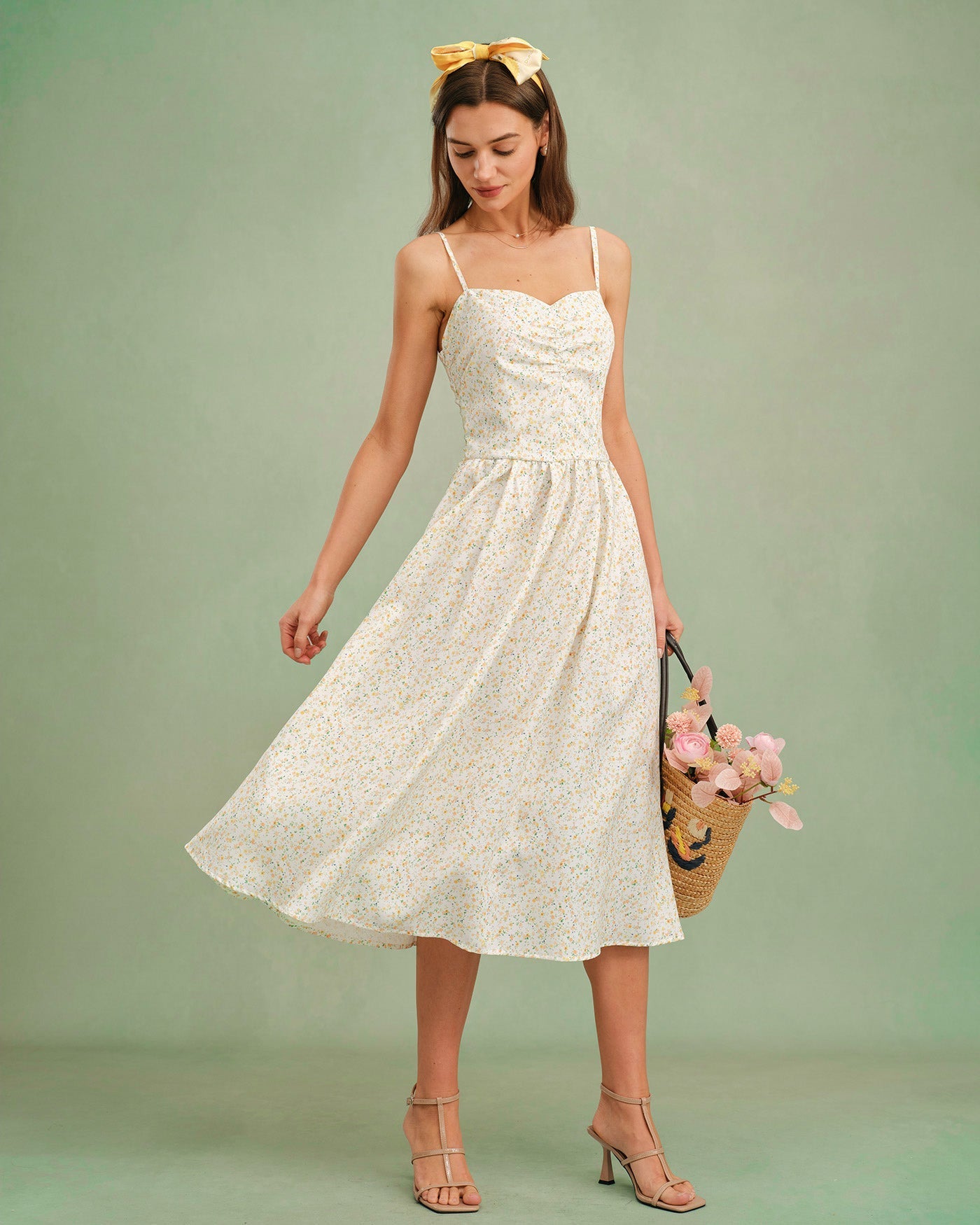 Yellow Sweetheart Neck Floral Slip Midi Dress